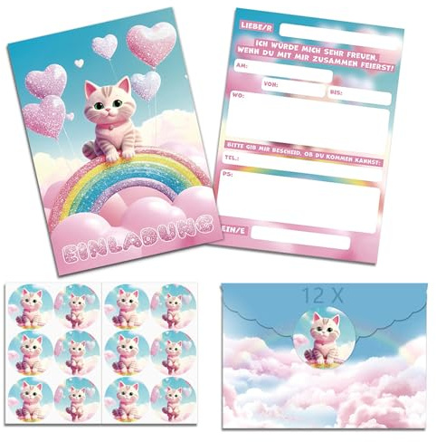 IRONIUM 12x Katze Einladungskarten Kindergeburtstag Mädchen mit Umschlag Deutsch, Cartoon Einladungen Set für Kindergeburtstags Themed Party (A6) (J)