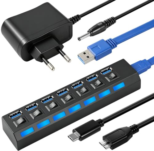 Hub USB 3.0/2.0 alimentato a 7 porte con interruttori LED singoli | Hub USB 3.0 con alimentatore USB-C, micro cavo splitter multiporta per laptop, PC, tablet, mouse, tastiera