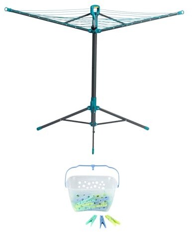 Beldray Hip Level Laundry Airer With 48 Pegs, 20m Drying Space | 4-Arm Foldable Design, Freestanding Indoor Or Outdoor Use, Includes Peg Basket With Hook, 4 Ground Pegs For Stability