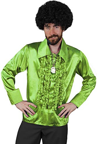 I Love Fancy Dress ILFD4603L Neon Green Disco Shirt Mens Deluxe Disco Ruffle Shirt 1970's Disco King Fancy dress L