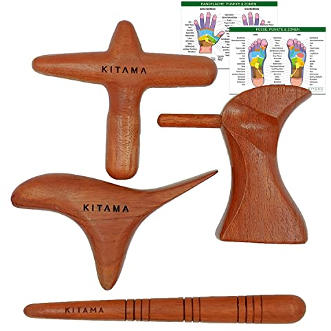 Thai Massageholz Set (6 Teile): 1 x Stäbchen + 1 x Kreuz + 1 x Punkt-Holz + 1 x Vogel + 2 DIN A4 Plakate als Massagehilfe bei Selbst-Massage Triggerpunkte aus Echt-Holz