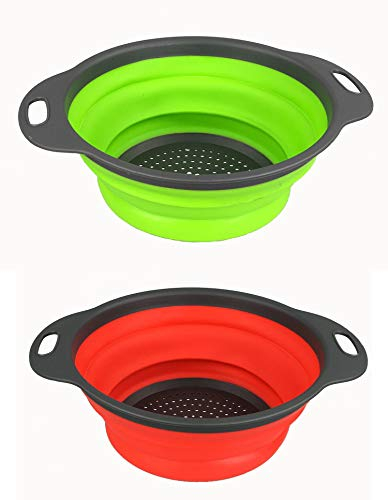 Sieb Küchensieb Klappbar, Faltbarer Silikonsieb, Seiher Nudelsieb Abtropfsieb aus Silikon für Küche, Hitzebeständig und Platzsparend (2er Set, Grün und Rot)