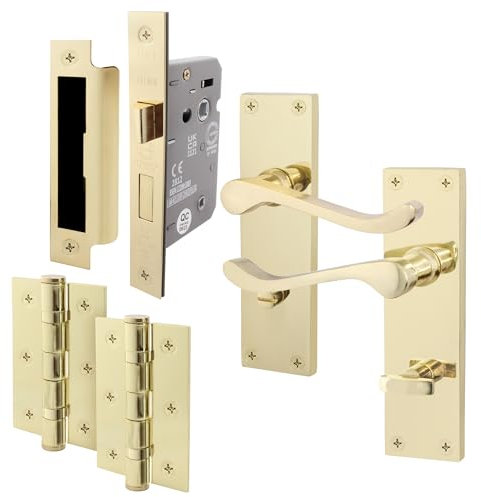 EAI Polished Brass Victorian Scroll Bathroom Door Handle Set | 1 Pair of Brass Internal Lever Handles on Backplate with Hinges (76mm) & Lock (64mm)