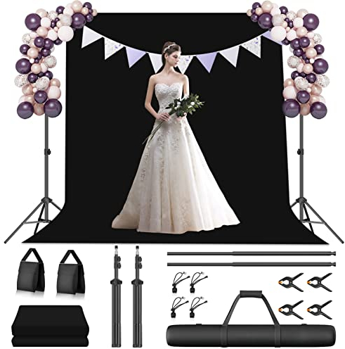 EMART Black Backdrop with Stand 2x3 m/ 7 x 10 ft, Adjustable Photography Background Stand Kit with Portable Large Polyester Fabric Screen for Photo Video Studio, Party, Live