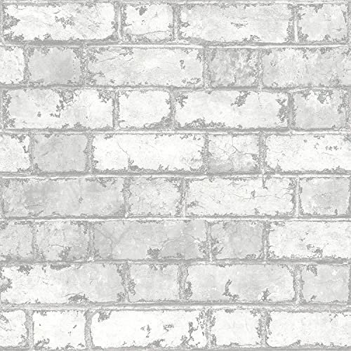 Muriva White Brick Wall Grey Shimmer Tones Effect Faux Metallic Feature Wallpaper 3D (White Brick Wall Grey Shimmer-Sample)