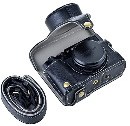 Rieibi X100V Tasche - Retro Ledertasche für Fujifilm X100V Digitalkamera - Schutzhülle mit Tragegurt und Grifftasche - Schwarz