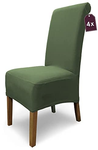 Scheffler Home Stuhlhussen Emma Cottina Oliv-Grün 6er Set – Elastische waschbare Stuhlbezüge aus Baumwolle – Stuhlabdeckungen für Hochlehner Esszimmerstühle – Öko-Tex Zertifiziert