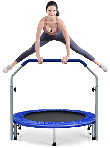 GYMAX Trampolino Elastico Fitness, Tappeto Elastico Adulti, Pieghevole e Portatile, Portata di 150 kg, Maniglia Rimovibile e Regolabile (96-122 cm), Ø 101cm (Blu)