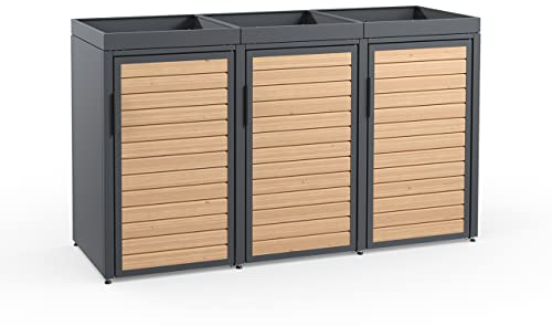 MEISTERBOX Forst - 3er Mülltonnenbox - Mülltonnenverkleidung mit Pflanzdach - Mülleimerunterstand 120L - Holzelemente
