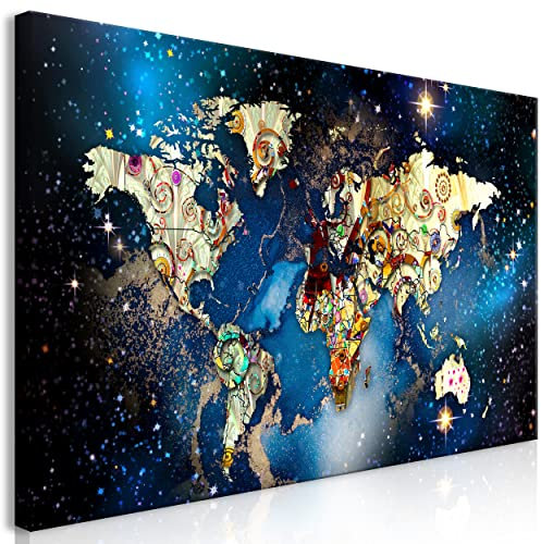 decomonkey Bilder Weltkarte 140x70 cm 1 Teilig Leinwandbilder Bild auf Leinwand Vlies Wandbild Kunstdruck Wanddeko Wand Wohnzimmer Wanddekoration Deko Welt Kontinente Abstrakt Galaxy Blau Klimt
