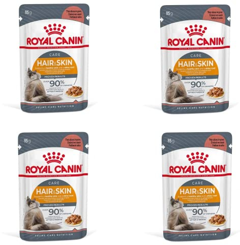 Royal Canin Hair & Skin Care Gravy | 4er Pack | 4 x 12 x 85g | Alleinfuttermittel für ausgewachsene Katzen | Feine Stückchen in Soße | Kann zu einem gesundes Fell beitragen