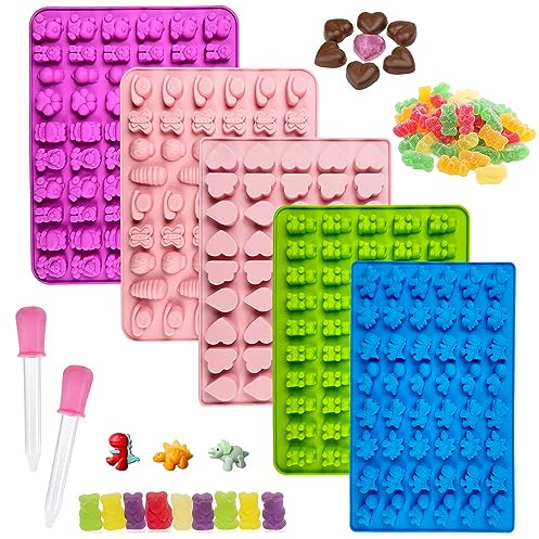5 Piezas Moldes Gominolas Silicona, Molde Ositos Silicona con 2 Cuentagotas, Molde Gominolas Silicona, Moldes para Caramelos Adecuado para Hacer Dulces Galletas Cubitos Hielo Pudín
