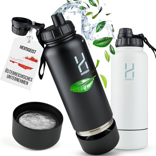 HEIMGEIST XXL Trinkflasche Edelstahl, 1l/32oz isolierte Wasserflasche, mit Storage-Box, Platz für Kopfhörer, Geld und Nahrungsergänzungsmittel (Schwarz)