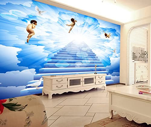 Tapete 3D Wandbild Blauer Himmel Weiße Wolken Engel Einfach Fototapete 3D Effekt Vliestapete Wohnzimmer Schlafzimmer Wanddeko