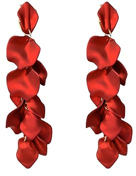 FDEETY Acrylique Fleur Pétale Boucles D'oreilles Longues en Pétale de Rose Pendantes Boucles D'oreilles Pour Femmes Filles Mariage Valentin Noël Cadeau (Rouge)