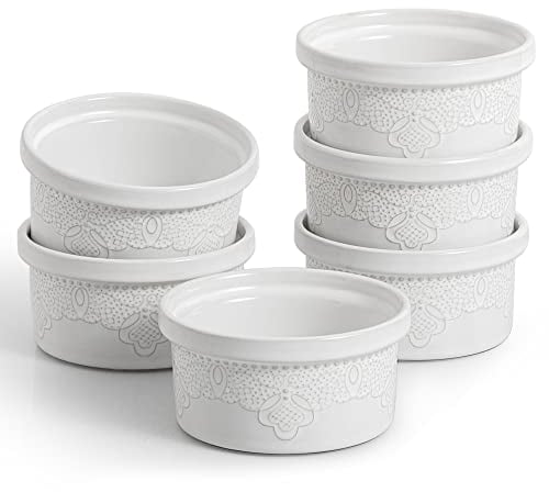 FUN ELEMENTS FE Ceramic Ramekins, Souffle Dishes, Lace Embossed Creme Brulee Dishes, 240 ml for Soufflé, Cupcakes and Pudding, Set of 6, White