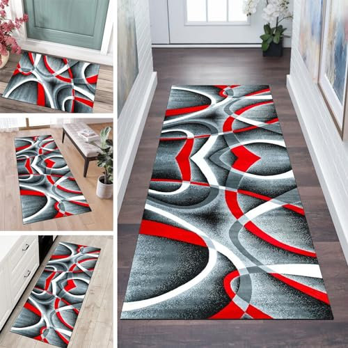 QQrunner Läufer Flur Küche Teppich rutschfest 60x180cm Küchenteppich Patchwork Grau Rot Waschbar Meterware Schlafzimmer Korridor Teppichläufer Lang, Länge Anpassbare, 40-120cm Breit
