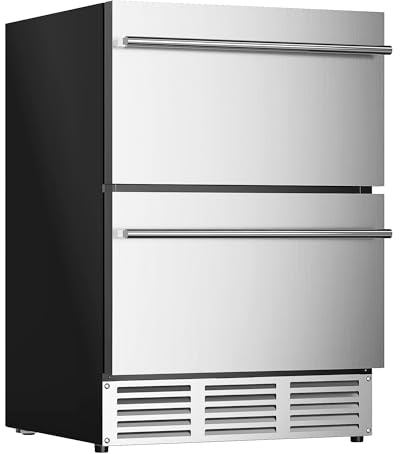 EUHOMY 24 Inch Under Counter Double Drawer Fridge, Weather Proof Stainless Steel Outdoor Beverage Refrigerator for Patio, Built-in Beverage Fridge for Home & Commercial Use Stainless Steel Silver