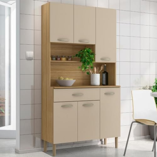 KITS PARANA Buffet de Cuisine 6 Portes 1 Tiroir Chêne Taupe 7 Niches L 90.9 x173.5 x36.3 cm