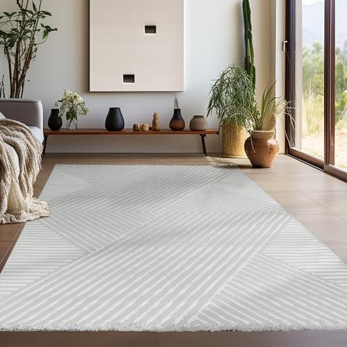 Teppium Moderner Kurzflor Teppich Wohnzimmer 200x300 (200 x 290 cm) Silber - 3D Boho Teppich Waschbar, Skandinavisches Stil, Geometrisch und Weich - für Schlafzimmer, Esszimmer oder Küche