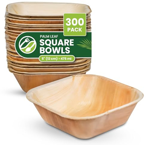 ECO Leaf 300 Disposable Palm Leaf Bowls |5”(12cm) Square Compostable Dinner Bowls | Eco-Friendly, Biodegradable Heavy-Duty Bowl for Wedding, Party and Picnic | Microwave & Oven Safe, Pack of 300