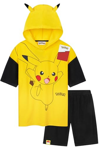 Pokémon Conjunto Verano Niño de Camiseta Toalla con Capucha Niño y Pantalones Cortos Pikachu Anime Ropa Niños Tejido de Rizo (Amarillo, 5-6 Años)