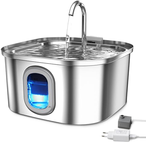 Petbank Katzenbrunnen Edelstahl, Trinkbrunnen für Katze, Trinkbrunnen Edelstahl 3.2L für Katze Hunde, Katzenbrunnen aus Edelstahl für Haustiere mit Leiser Pumpe, Wasserhahn-Design, Spülmaschinenfest