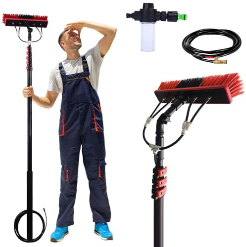 SADOMAIN Waschbürste mit Teleskopstiel 3.6-10.8M ausziehbar zur Reinigung von Solaranlage Terrassendach Fensterreinigung Photovoltaik Wintergarten Reinigungsset PV Anlage Reinigung (55cm Brush,10.8M)