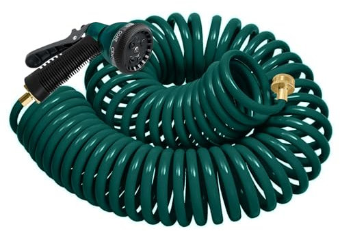 YESTAR Coil Hose 25/50/75FT EVA Coil Garden Hose With 3/4'' Brass Connector Coiled Water Hose Lightweight And No Kink Includes 17 Patterns Spray Nozzle For Outdoors Lawn Watering Car Washing