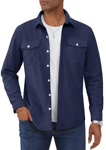 TACVASEN Men Shirts Jacket Long Sleeve Corduroy Shirts Coat Button Down Casual Overshirt for Men Regular Fit with Chest Pockets Navy, S