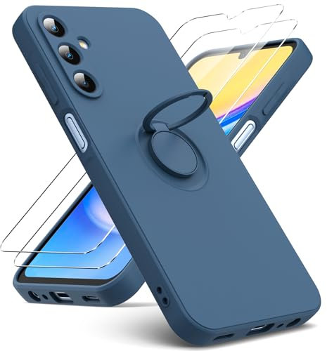Oududianzi - Cover Compatibile con Samsung Galaxy A15 4G/5G, 2 Pellicola Protettiva in Vetro Temperato,Supporto ad anello girevole, Gomma Gel di Silicone Liquida Antiurto Custodia - Blu