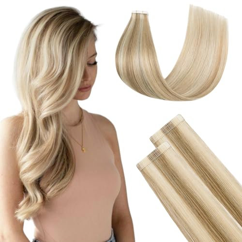 FUOTONBUTY Extensiones Adhesivas Pelo Natural Doble Costura, Extensiones Pelo (Rubio Caramelo a Rubio Decolorado, 55cm)