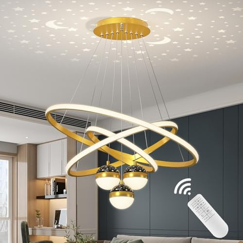 LED 3-Ring Pendelleuchte, Dimmbar mit Fernbedienung, 60W Modern Acryl Gold | 30 + 40 + 60 Cm Mit Fernbedienung,Pendelleuchte Mit Memory Dimmbar FüR Esstisch Schlafzimmer