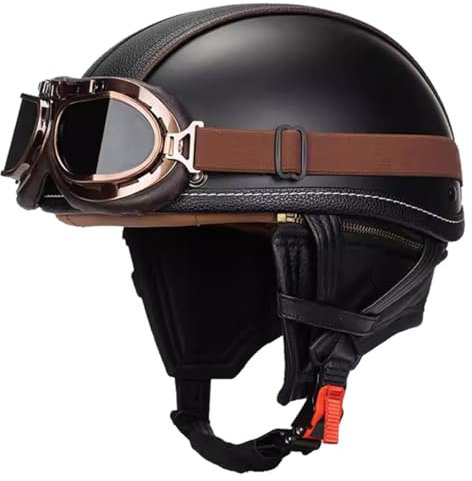 Casco Jet Moto Vintage Omologato ECE Mezzo Pelle Casco Da Motociclista Caschi Cromwell Con Occhiali Portatile Casco A Scodella Per Uomo Donna Scooter Street Cruiser 2,XL:60-61CM