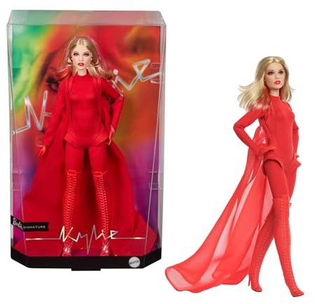 Barbie Signature Kylie Minogue Sammelpuppe | Modepuppe mit rotem Body, Umhang und geschnürten Stiefeln, JBJ39