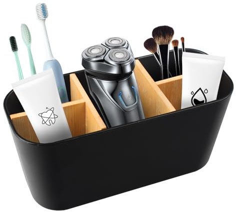 FIHODONE Support Brosse a Dent 5 Compartiments Bambou,Pot Brosse à Dent Salle De Bain Multifonctions,Porte-Brosses à Dents pour Bureau Salon Cuisine,Rangement Brosse a Dent Noir,Porte Brosse a Dent