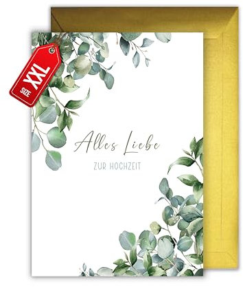 WBdesignz Glückwunschkarte Umschlag Alles Liebe zur Hochzeit - Karte Hochzeit mit Eukalyptus Blättern (XXL DIN A4)