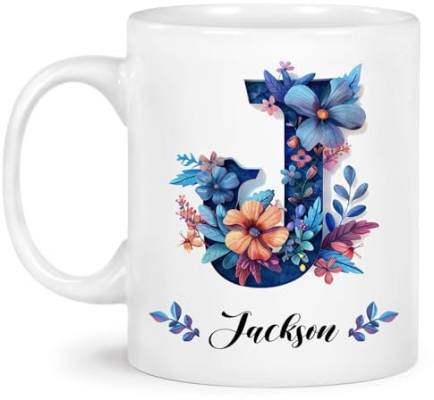 Tasses À Café Unique Personalized Initial Letter J on Name, Alphabet White Monogrammed Letter J with Flower Design Tasse Café Idéal Tasse Personnalisable Drôle Tasse À Thé pour Travail 330ML