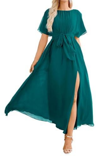 WSEYU Langes Kleid für die Brautmutter und Bräutigam, Chiffon, formelle Abendkleider mit Gürtel, pfau, 56 Plus