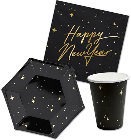 Decoraparty Set Stoviglie Capodanno per 6 Invitati, Addobbi Decorazioni Tavola Oro Monouso con Stelline per Cenone Ultimo dell'Anno, 6 Piatti, 6 Bicchieri, 20 Tovaglioli (32 pz)