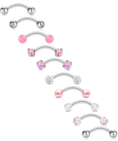FECTAS 10PCS Eyebrow Rook Piercing Jewelry 16G Earrings Vertical Labret Lip Jewelry Curved Barbell Eyebrow Rings Tiny Small Belly Rings Ear Rook Helix Conch Daith Piercing Jewelry Pink Silver
