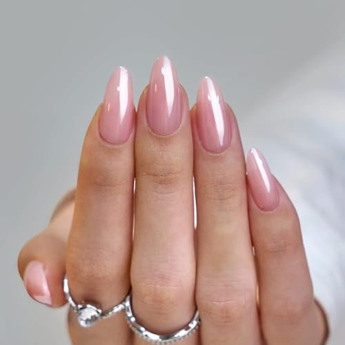 MouyouGlow Press on Nails Kurz,Almond Nude Rosa Chrome Sheer Glazed Donut Hailey Bieber Fake Nails mit Nagelkleber,Natural Pink Solid Künstliche Fingernägel