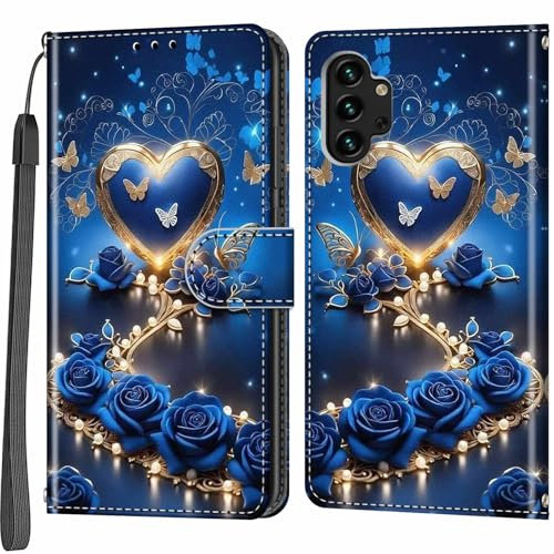 Haninsuze Handyhülle für Samsung Galaxy A13 4G / A13 5G / A04s Hülle, Magnetische Stoßfeste Flip Leder Schutzhülle Klapphülle, blaues Herz