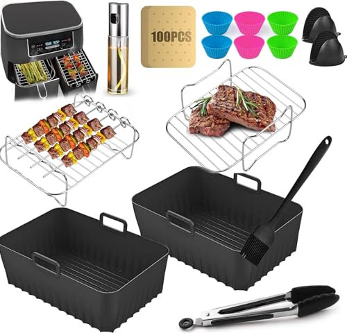 Accesorios para Freidora de Aire Ninja Foodi Max Dual Zone AF400EU/AF300EU (7.6L-9.5L) – Set 20 Piezas con Parrilla, Moldes de Silicona, Brochetas & Spray de Aceite – Lavavajillas Seguro & Sin BPA