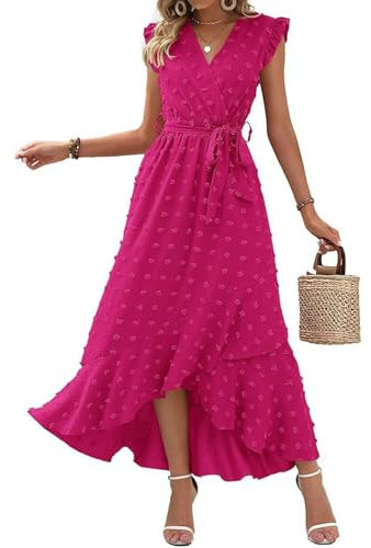 SCBFDI Robe Cocktail Femme Sexy Cintrée Ete Courte Devant Longue Derriere Manches Volantes Bureau Estivale Chic Plage Robe, Robe de Bal pour Femme Rose M