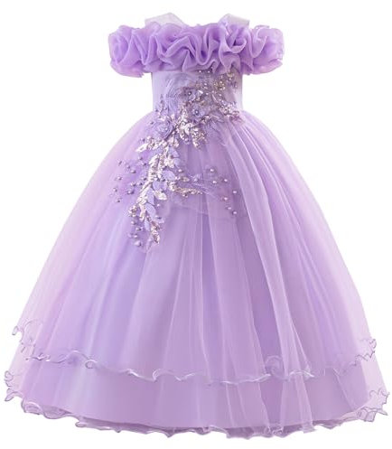IBAKOM Abito da ragazza floreale ragazza festivo per matrimonio: senza maniche prendisole con fiori lunghi - abito da principessa in tulle per bambini 7-12 anni, lilla chiaro, 12 anni