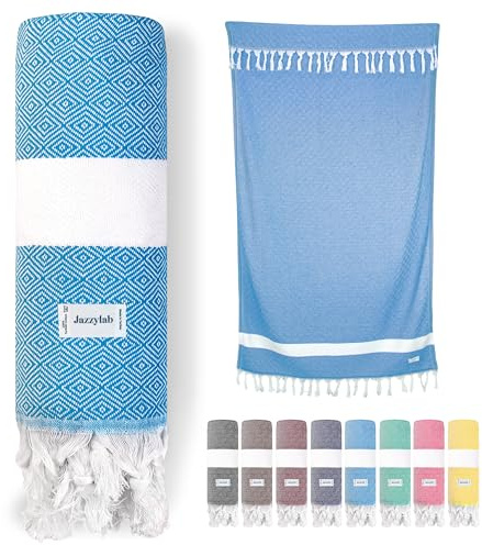 jazzylab ELMAS Peshtemal Hammam | Telo turco in puro cotone con motivo a quadri classico | Leggero, assorbente e compatto | Ideale per spiaggia, bagno, spa o viaggio | 90x180 cm - Turchese