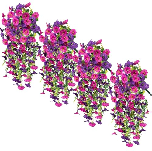 Epunk UV Resistant Artificial Hanging Flowers Outdoor - 4Pcs Morning Glory Vine Plants for Garden Baskets, 75cm Drooping Decor All Weather Fade Proof (A)
