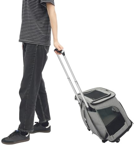 soudesileim 2 in 1 Faltbar Hunderucksack Trolley, Hundetransportbox mit Rollen, bis 9kg Katze und 7.5kg Hund, Rucksackgröße 34x28x44cm, Katzenrucksack Atmungsaktiv (Grau)