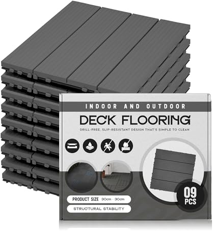 LEDSone 9Pcs Decking Tiles Dark Grey Terrace 30cm x 30cm | Weather-Resistant Snap-Lock Flooring For Gym, Balconies, Gardens and Poolside With Anti-slip Drainage Design